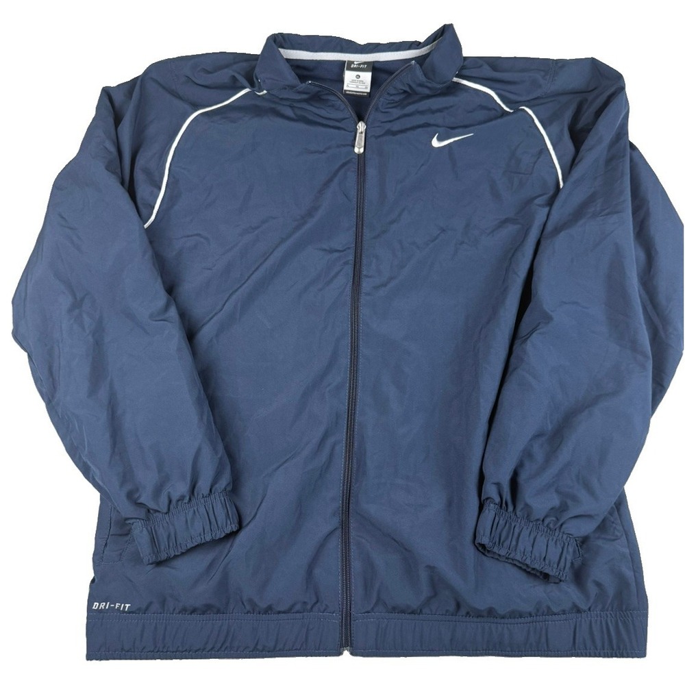 Nike Dri-FIT Mens XL Jacket Navy Blue Full Zip Track Windbreaker White Swoosh